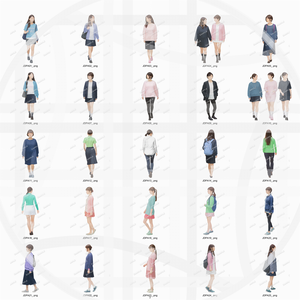 大学生 私服A 建築CGパース用人物添景 イラスト素材セット　　50カット