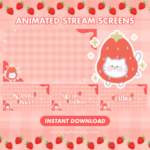 Animated Streaming Screen Red Strawberry for OBS, Vtuber, Youtube, Twitch, Overlay 