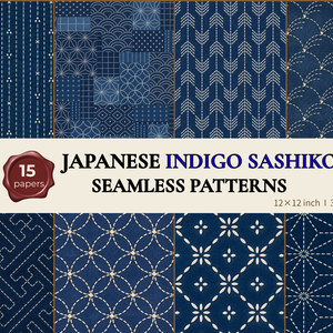 15種 藍色の刺し子風 シームレスパターン｜和柄 背景素材