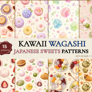 15種 かわいい和菓子 シームレスデジタルペーパー｜和風スイーツ 背景素材
