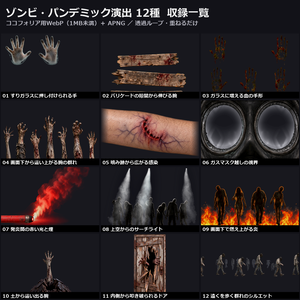 【演出素材】【無料あり】【TRPG/ココフォリア対応】ゾンビ・パンデミック演出 12種｜バリケードの腕・噛み跡の感染・ガスマスク・発炎筒・サーチライト・群れの影（動くWebP＋APNG）