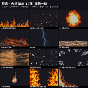 【演出素材】【無料あり】【TRPG/ココフォリア対応】災害・火災 演出 12種｜炎・爆発・雷・濁流・砂嵐・停電（動くWebP＋APNG）