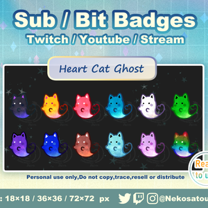 おばけ猫バッジ（Heart ver） Twitch Sub Badges x12 - Bit Badges / Cute sub badges / Kawaii / Streamer