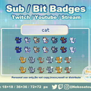 ドット絵「ねこ」バッジ　Twitch Sub Badges x10 - Bit Badges / Pixel Art / Cute sub badges / Kawaii / Streamer