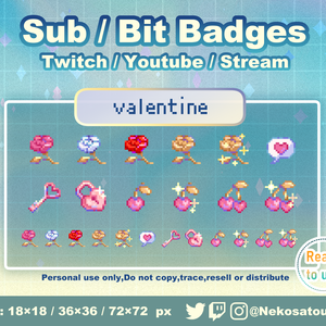 ドット絵「バレンタイン」バッジ　Twitch Sub Badges x12 - Bit Badges / Pixel Art / Cute sub badges / Kawaii / Streamer