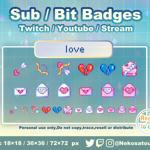 ドット絵「ラブ」バッジ　Twitch Sub Badges x12 - Bit Badges / Pixel Art / Cute sub badges / Kawaii / Streamer