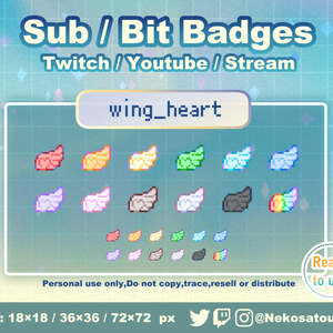 ドット絵「羽（ハート）」バッジ　Twitch Sub Badges x12 - Bit Badges / Pixel Art / Cute sub badges / Kawaii / Streamer