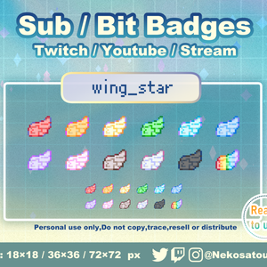 ドット絵「羽（スター）」バッジ　Twitch Sub Badges x12 - Bit Badges / Pixel Art / Cute sub badges / Kawaii / Streamer