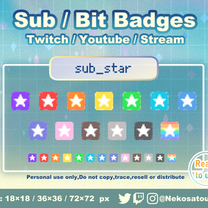 【無料配布】ドット絵「サブスクスター」バッジ　Twitch Sub Badges x13 - Bit Badges / Pixel Art / Cute sub badges / Kawaii / Streamer