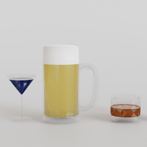 【3Dモデル】お酒グラスセット～ビールジョッキ、カクテルグラス2種、ワイングラス、ロックグラス～