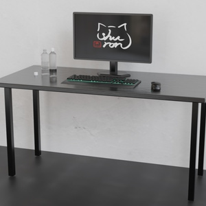 3D model] 7-piece gaming furniture and accessories set (desk, monitor, mouse, keyboard, plastic bottle)