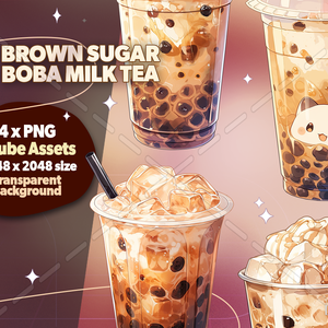 4 x Vtuber Assets Brown Sugar Boba Milk Tea, Vtube, Vtuber, Streamer, Twitch, Vtubing, Kawaii, Cute, Youtuber, Vtuber PNG Asset, Bubble Tea