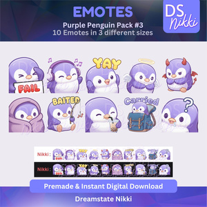 Purple Penguin Emote Pack for Twitch, YouTube & Discord - Instant Download