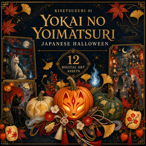 季節綴り 01 ― 妖怪の宵祭り｜和風ハロウィン・デジタル素材集・シームレス背景・透明PNG・印刷用アート