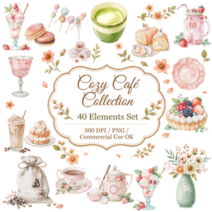 Cozy Café Watercolor Clipart Bundle | Coffee Shop PNG Elements | Commercial Use