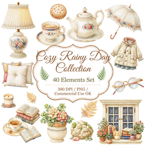 Cozy Rainy Day Watercolor Clipart Bundle | Cute Weather PNG Elements