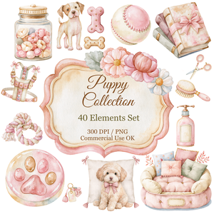 Puppy Essentials Clipart Bundle | 40 Watercolor PNG Elements