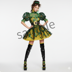 【AI生成】グリーンレース・パフスリーブミニドレス　​[AI-generated ] Green Lace Puff-Sleeve Mini Dress