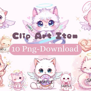 【商用利用可】ゆめかわいい天使の猫クリップアート10点セット（PNG背景透過）