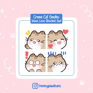 Creme Tabby Cat Twitch Emotes: Wave, Love, Shocked, Sad
