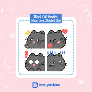 Black Cat Twitch Emotes: Greeting, Heart, Suprise, Sad