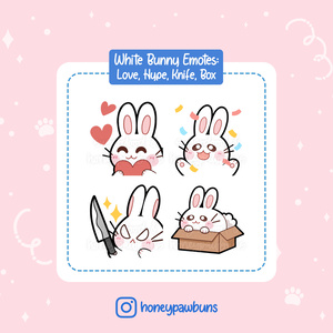 White Bunny Twitch Emotes: Love, Hype, Knife, Box