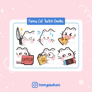 White Cat Emotes: Knife, Sweat Drop, Pizza, Catflix, Book, Game