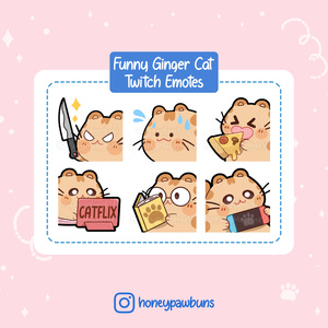 Orange Cat Emotes: Knife, Sweat, Pizza, Catflix, Book, Gaming