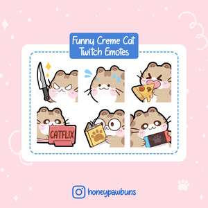 Creme Tabby Cat Emotes: Knife, Sweat, Pizza, Catflix, Reading, Gaming
