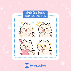White Dog Twitch Emotes: Hype, LOL, Love, POG