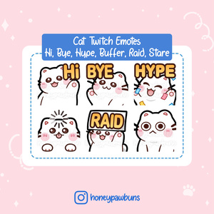 Cat Twitch Emotes: Hi, Bye, Hype, Buffer, Raid, Stare