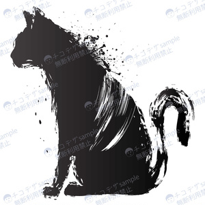 猫の横向き墨絵シルエット-その2- 和風の水墨画マーク黒・白 - 高解像度png or ai(ベクター)