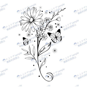 花と蝶々の可愛い線画タトゥーマーク - 高解像度png or ベクター(cs2)