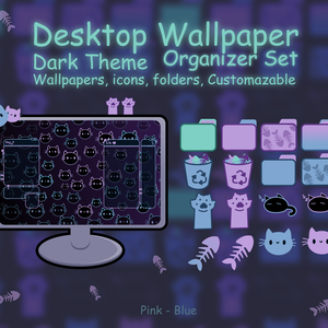 Kitty Computer Desktop Theme Background Wallpaper Organizer Set, Dark theme wallpaper organizer set, wallpaper set, phone wallpaper dark