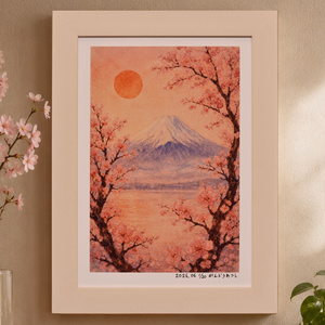 Mount Fuji, sakura, setting sun / 夕日 - pixiv
