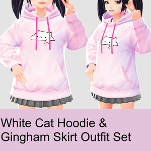 White Cat Hoodie and Gingham Skirt Outfit Set