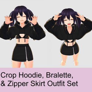 Crop Hoodie, Bralette, and Zipper Skirt Outfit Set 