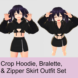 Crop Hoodie, Bralette, and Zipper Skirt Outfit Set 