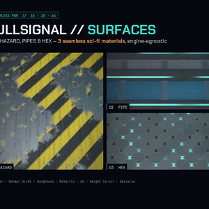 【継ぎ目なし・4K】Sci-Fi PBRテクスチャ SURFACES Vol.2 ハザード縞・配管・六角(3素材/Unity・Godot・Unreal・Blender・VRChat・商用可)