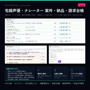 宅録声優・ナレーター 案件・納品・請求台帳(収録仕様の合意・原稿ごとの進捗・リテイク回数・請求漏れチェック付き)