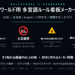 【VRChat】ワールド用 多言語ルール看板メーカー｜注意書き・禁止事項の透過PNGテクスチャ240枚＋ジェネレーター（日英中韓5言語・絵記号60種）
