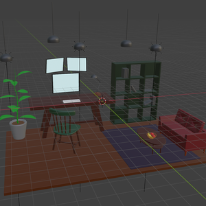 【unitypackage、fbx】部屋（モニター・キーボード・椅子・机・ライト・本棚・ソファ・フルーツ・植物）