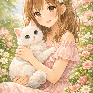 春と白猫と女の子