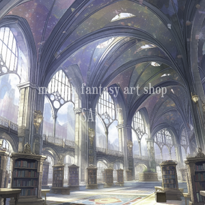 ファンタジー世界の壮大なプリズム図書館-背景素材