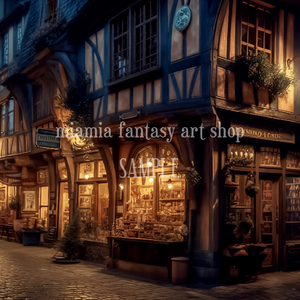ファンタジー世界の夜の商店街の街角のイメージ素材