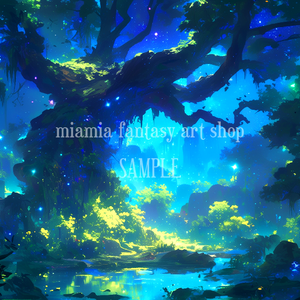 ファンタジー世界の森林と湖の夜〜背景素材