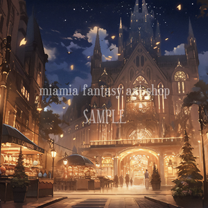 ファンタジー世界の賑やかな夜の城下町のイメージ背景素材
