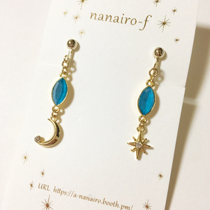 月星アシンメトリー＊ブルーグリーンスワロフスキーピアス・イヤリング