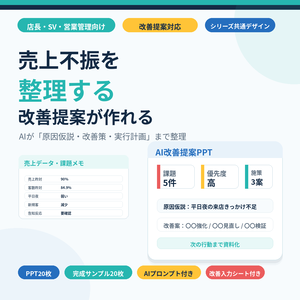 売上不振を整理する AI改善提案PPTテンプレート｜原因分析・改善策・実行計画