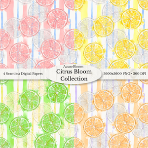 Citrus Bloom Collection　水彩デジタルペーパー 4データセット(3600px・PNG)